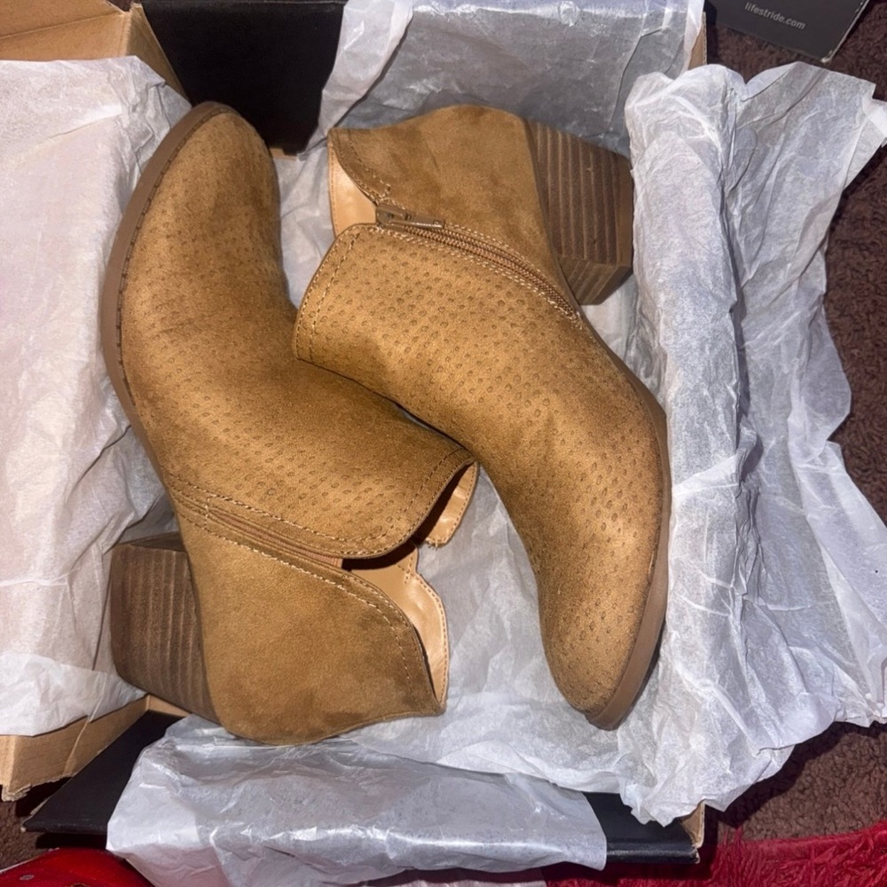 Fergalicious Perforated Suede Ankle Booties in Tan